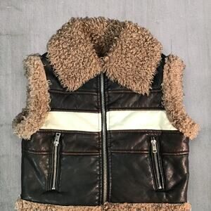 CALI 1850 Faux Leather Sherpa Lined Vest Brown Zip Puffer Moto Style Women's S